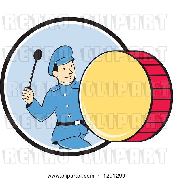 Vector Clip Art of Retro Cartoon Marching Band Drummer Guy Emerging from a Black White and Blue Circle