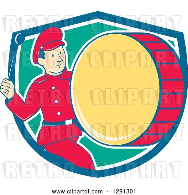 Vector Clip Art of Retro Cartoon Marching Band Drummer Guy Emerging from a Blue White and Turquoise Shield
