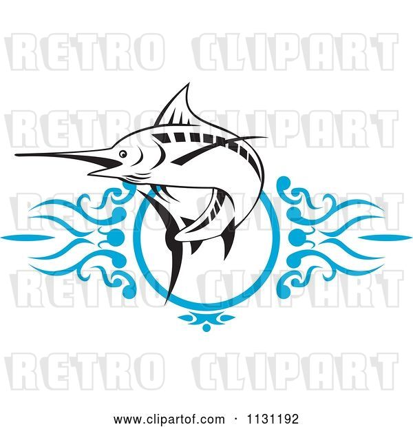 Vector Clip Art of Retro Cartoon Marlin over Blue Swirls