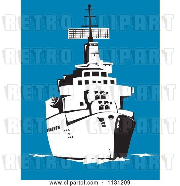 Vector Clip Art of Retro Cartoon Military Battleship at Sea