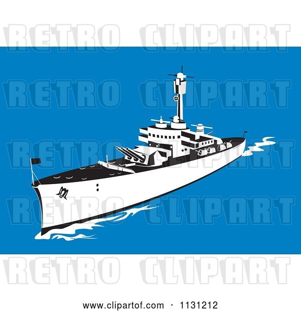Vector Clip Art of Retro Cartoon Military Battleship with Big Guns at Sea