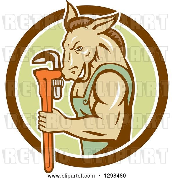 Vector Clip Art of Retro Cartoon Muscular Donkey Guy Plumber Holding a Monkey Wrench in a Brown White and Green Circle