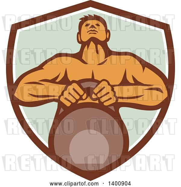 Vector Clip Art of Retro Cartoon Muscular Male Bodybuilder Athlete Lifting a Kettlebell in a Shield