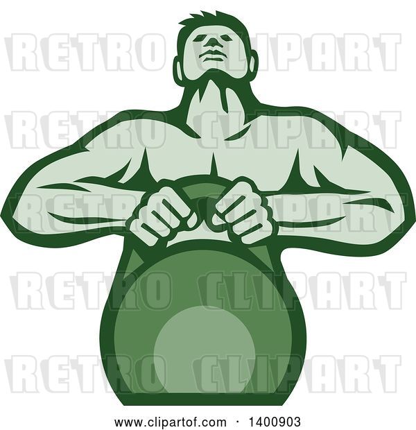 Vector Clip Art of Retro Cartoon Muscular Male Bodybuilder Athlete Lifting a Kettlebell, in Green Tones