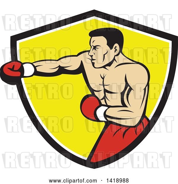 Vector Clip Art of Retro Cartoon Muscular Male Boxer Jabbing in a Black White and Yellow Shield