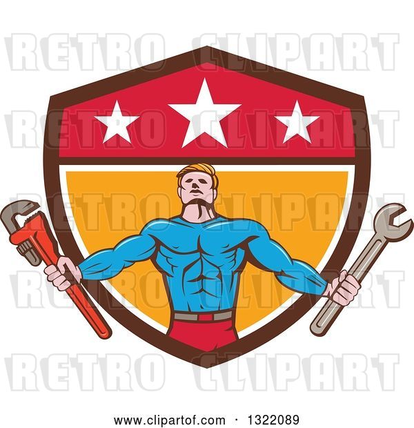 Vector Clip Art of Retro Cartoon Muscular Male Super Hero Holding Spanner and Monkey Wrenches and Emerging from a Shield