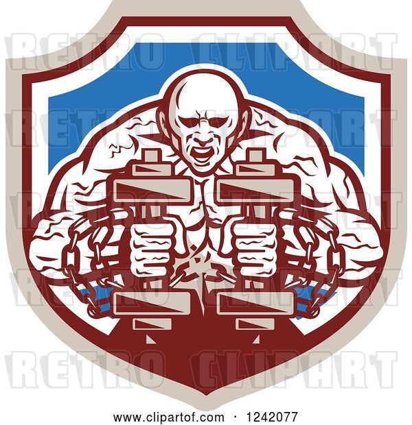 Vector Clip Art of Retro Cartoon Muscular Strongman Working out with Chains and Dumbbells in a Shield