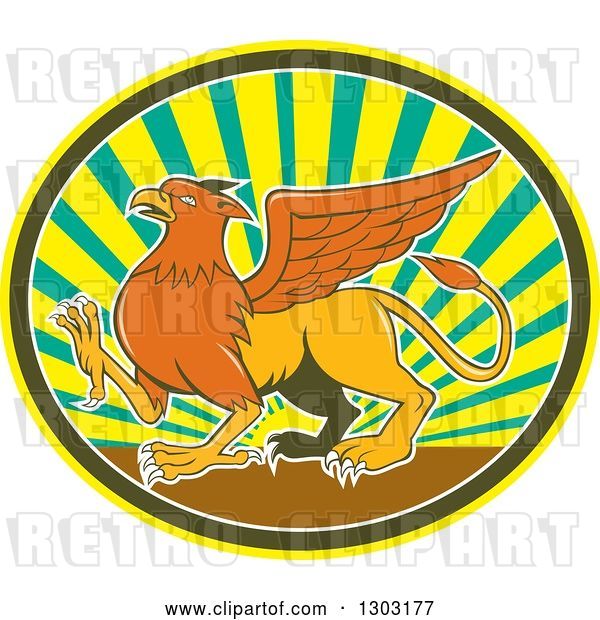 Vector Clip Art of Retro Cartoon Mythical Griffin Creature Walking in an Oval of Rays