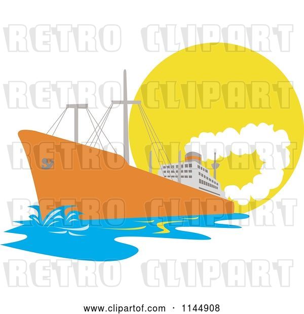 Vector Clip Art of Retro Cartoon Orange Cargo Ship Against the Sun