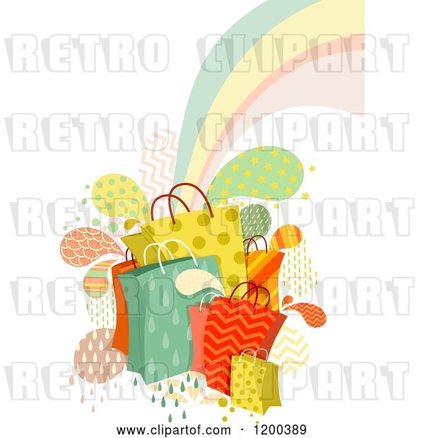 Vector Clip Art of Retro Cartoon Patterned Shopping Bags Splashes and a Rainbow