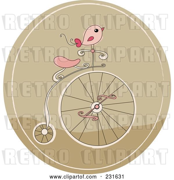 Vector Clip Art of Retro Cartoon Pink Bird on a Penny Farthing Bicycle in a Brown Circle