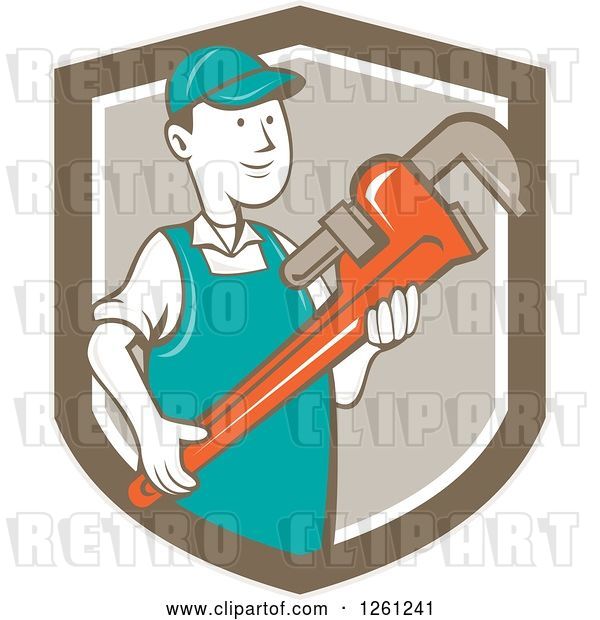 Vector Clip Art of Retro Cartoon Plumber Holding a Monkey Wrench in a Brown Shield
