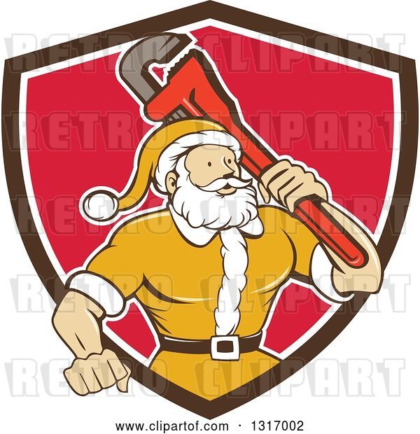 Vector Clip Art of Retro Cartoon Plumber Santa in a Yellow Suit, Holding a Monkey Wrench over His Shoulder in a Brown White and Red Shield