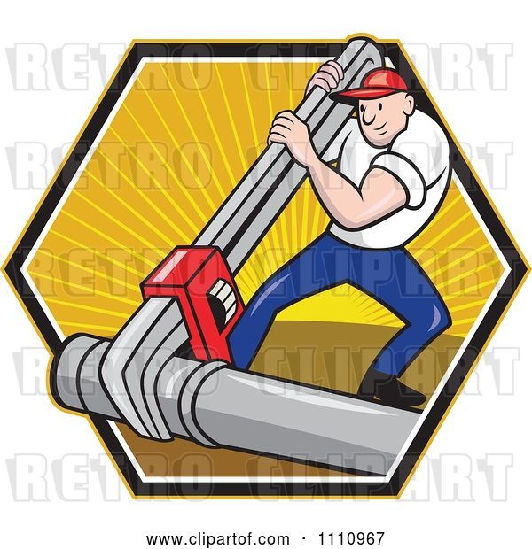 Vector Clip Art of Retro Cartoon Plumber Using a Giant Monkey Wrench on a Pipe over a Hexagon of Rays