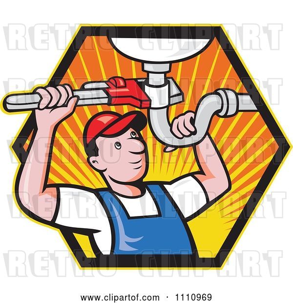 Vector Clip Art of Retro Cartoon Plumber Working on a Sink Pipe in a Hexagon of Rays
