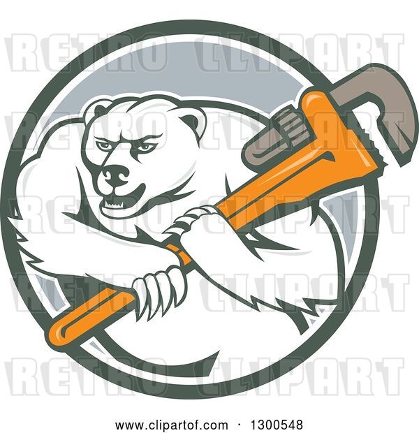 Vector Clip Art of Retro Cartoon Polar Bear Plumber Mascot Wielding a Monkey Wrench in a Circle