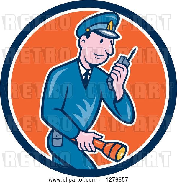 Vector Clip Art of Retro Cartoon Police Guy Talking on a Walkie Talkie and Holding a Flashlight in a Blue White and Orange Circle