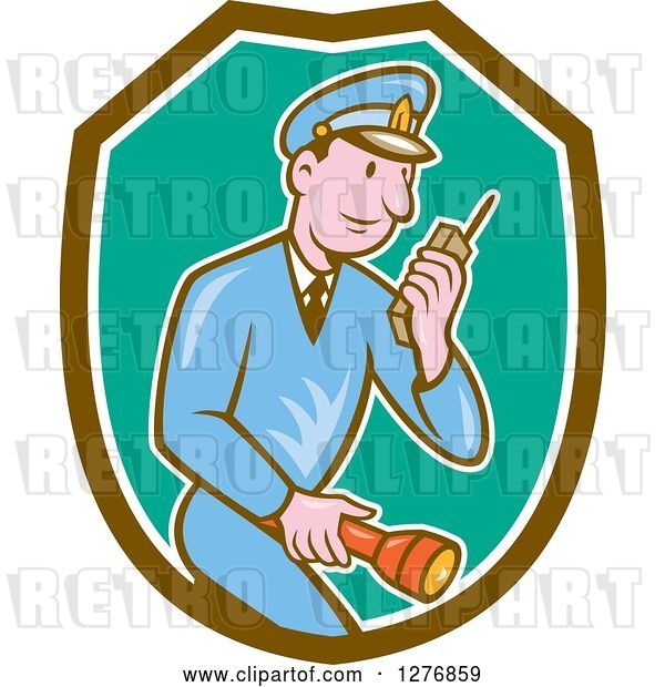 Vector Clip Art of Retro Cartoon Police Guy Talking on a Walkie Talkie and Holding a Flashlight in a Brown White and Turquoise Shield