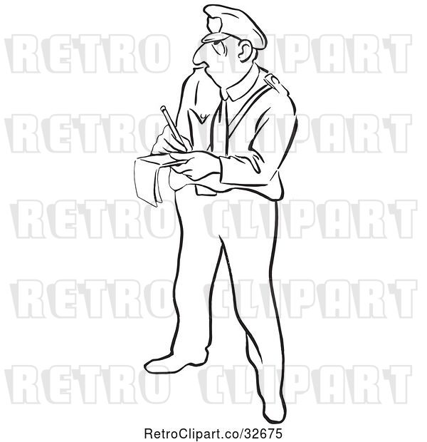 Vector Clip Art of Retro Cartoon Police Officer Writing a Ticket