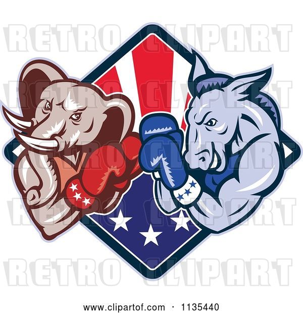 Vector Clip Art of Retro Cartoon Political Elephant and Donkey Boxing over an American Diamond