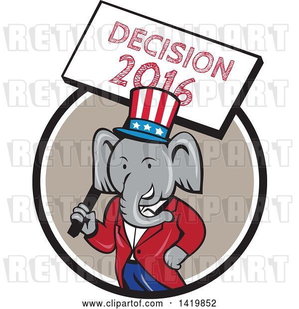 Vector Clip Art of Retro Cartoon Political Republican Elephant Holding a Decision 2016 Sign, Emerging from a Circle