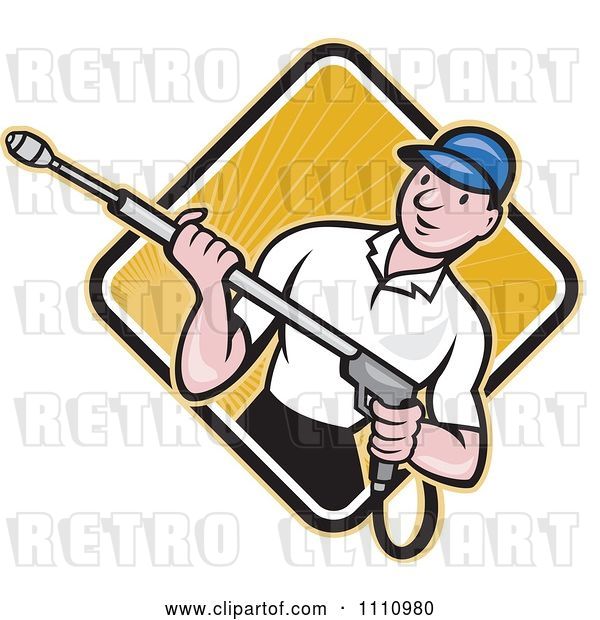 Vector Clip Art of Retro Cartoon Pressure Washer Worker over a Diamond of Rays 2
