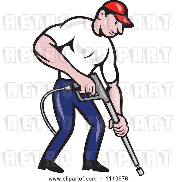 Vector Clip Art of Retro Cartoon Pressure Washer Worker Pointing a Nozzle