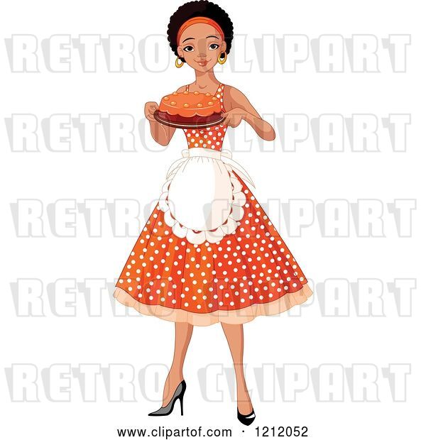 Vector Clip Art of Retro Cartoon Pretty Black Black Lady an Apron and Polka Dot Dress, Holding a Cake