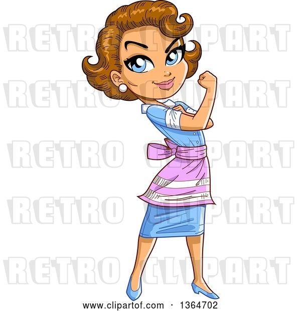 Vector Clip Art of Retro Cartoon Pretty Brunette White Female Housewife, Maid or Waitress Flexing Her Arm