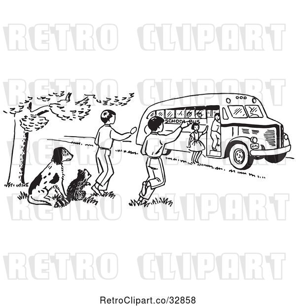 Vector Clip Art of Retro Cartoon Raccoon and Dog Watching KChildren Board a School Bus in