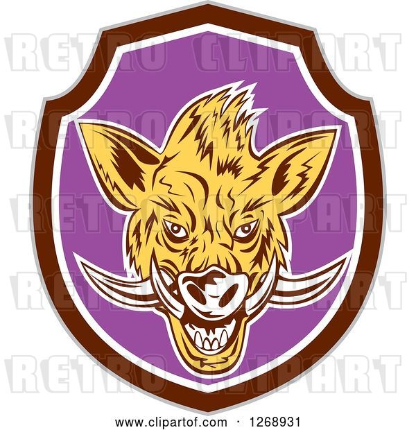 Vector Clip Art of Retro Cartoon Razorback Boar Head in a Brown White and Purple Shield