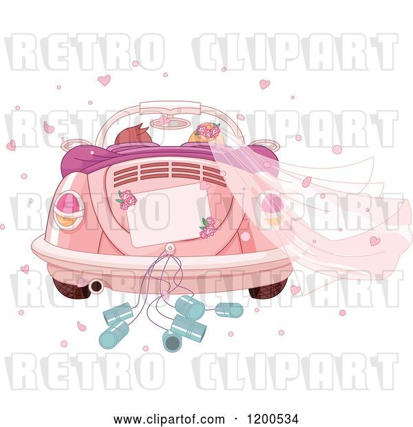 Vector Clip Art of Retro Cartoon Rear View of a Couple Driving Away in a Pink VW Slug Bug Wedding Car