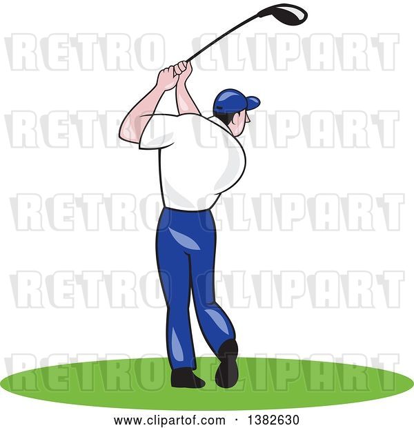 Vector Clip Art of Retro Cartoon Rear View of a White Male Golfer Swinging