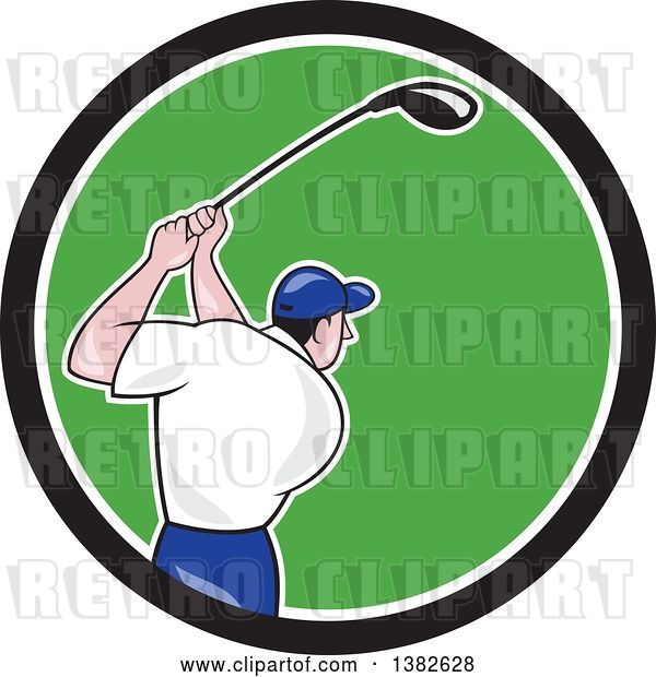 Vector Clip Art of Retro Cartoon Rear View of a White Male Golfer Swinging in a Black White and Green Circle