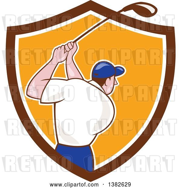 Vector Clip Art of Retro Cartoon Rear View of a White Male Golfer Swinging in a Brown White and Orange Shield