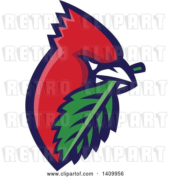 Vector Clip Art of Retro Cartoon Red Cardinal Bird with a Leaf in His Mouth