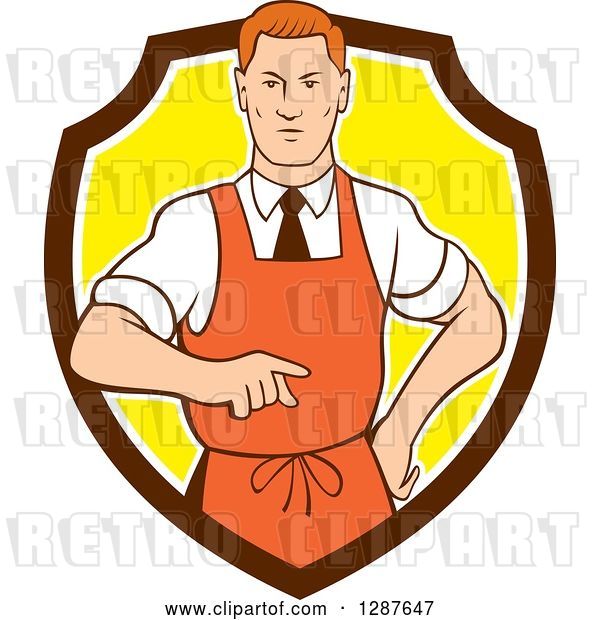 Vector Clip Art of Retro Cartoon Red Haired White Male Chef Wearing an Apron and Pointing in a Brown White and Yellow Shield