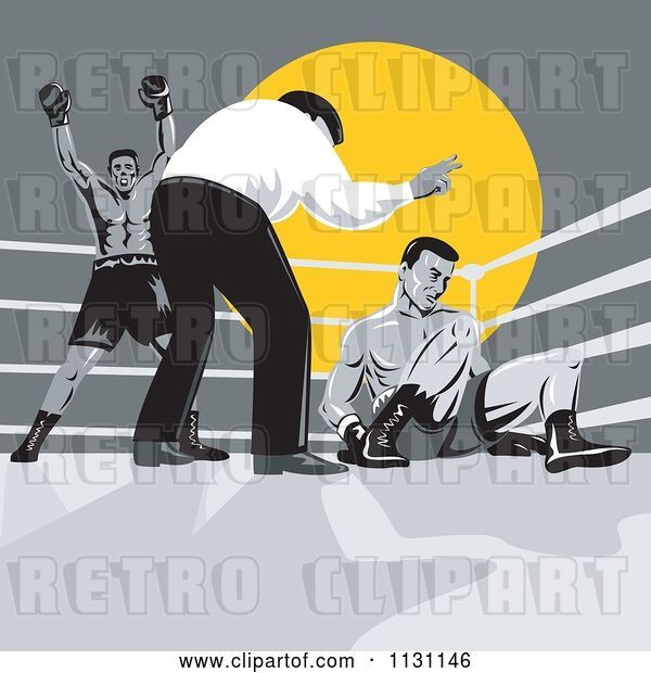 Vector Clip Art of Retro Cartoon Referee Counting down at Boxers in a Ring