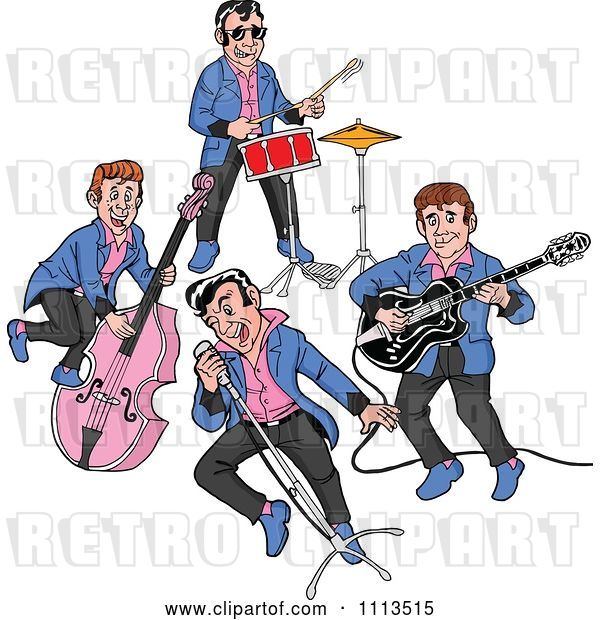 Vector Clip Art of Retro Cartoon Rockabilly Music Band Singing and Playing the Bass Drums and Guitar