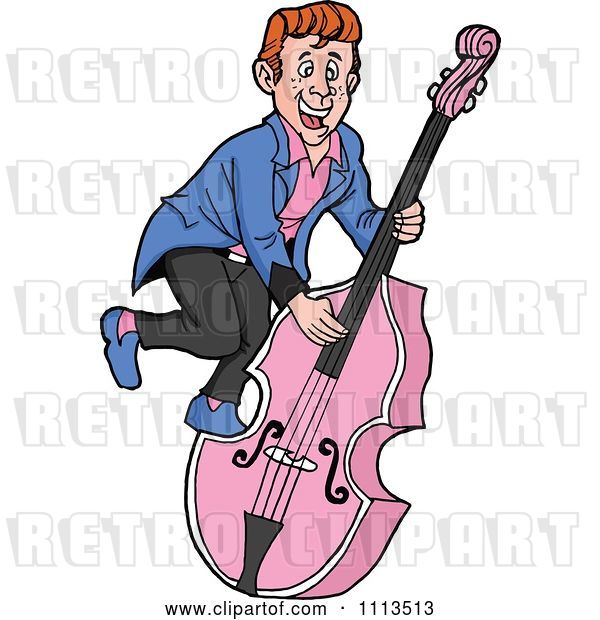 Vector Clip Art of Retro Cartoon Rockabilly Musician Guy Playing a Pink Bass