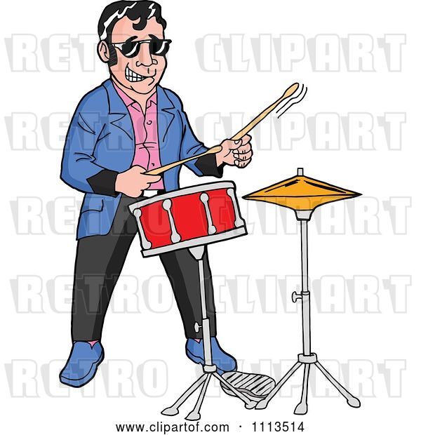 Vector Clip Art of Retro Cartoon Rockabilly Musician Guy Playing the Drums