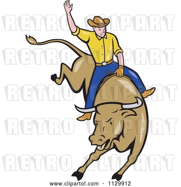 Vector Clip Art of Retro Cartoon Rodeo Cowboy on a Bucking Bull