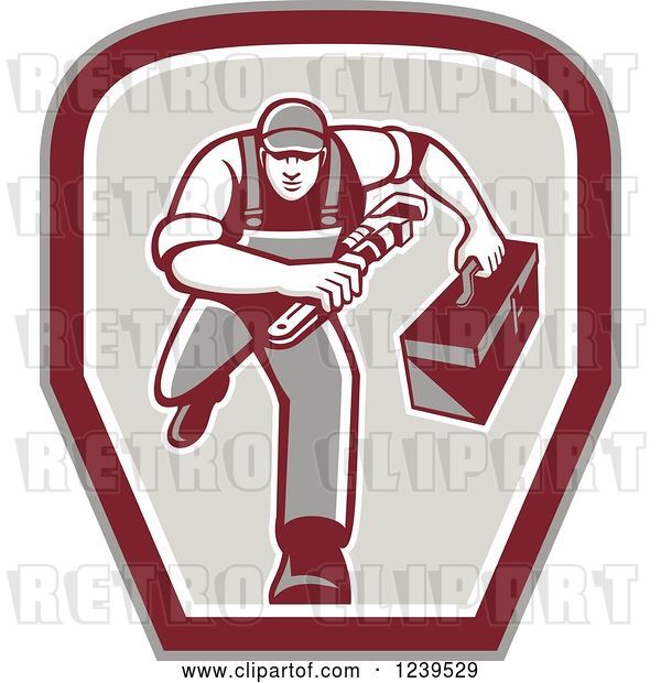 Vector Clip Art of Retro Cartoon Running Handy Guy with a Wrench and Tool Box in a Shield