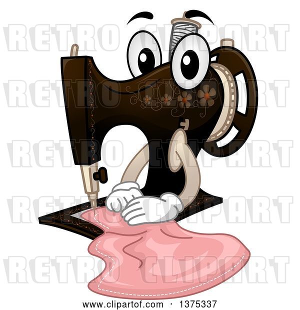 Vector Clip Art of Retro Cartoon Sewing Machine Character Working on a Piece of Material