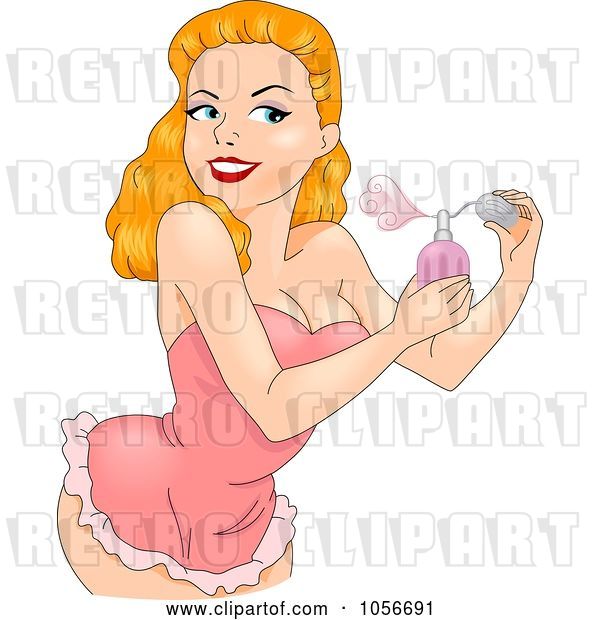 Vector Clip Art of Retro Cartoon Sexy Pinup Lady Spritzing Perfume on Herself