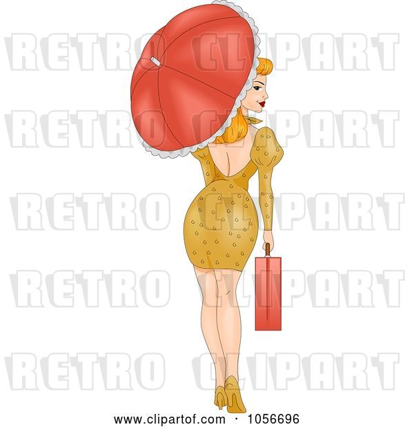 Vector Clip Art of Retro Cartoon Sexy Pinup Lady Walking with a Briefcase and Parasol, Looking Back