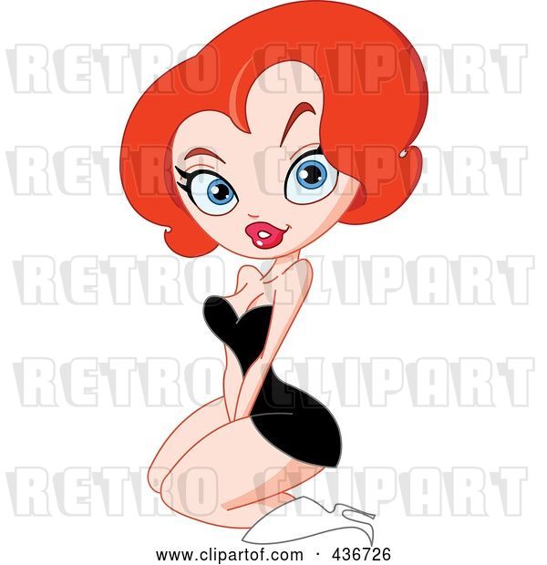 Vector Clip Art of Retro Cartoon Sexy Red Haired Pinup Lady Kneeling in a Black Dress