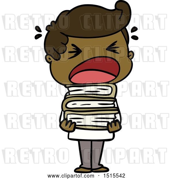 Vector Clip Art of Retro Cartoon Shouting Guy with Stack of Books
