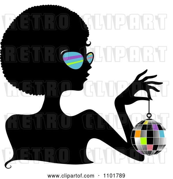 Vector Clip Art of Retro Cartoon Silhouetted Black Lady Wearing Sungasses and Holding a Disco Ball