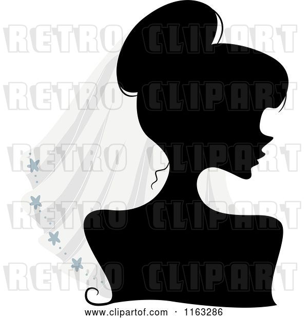 Vector Clip Art of Retro Cartoon Silhouetted Bride Lady Wearing a Veil